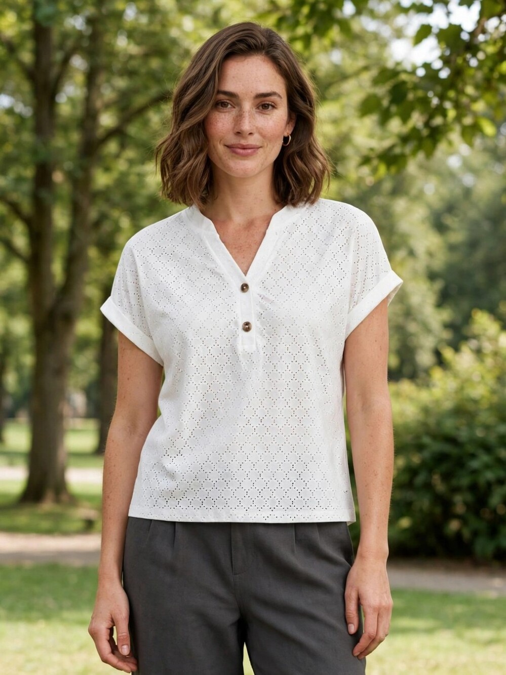 CUPSHE Women's White Eyelet Henley Blouse – Short Sleeve V-Neck with Buttons